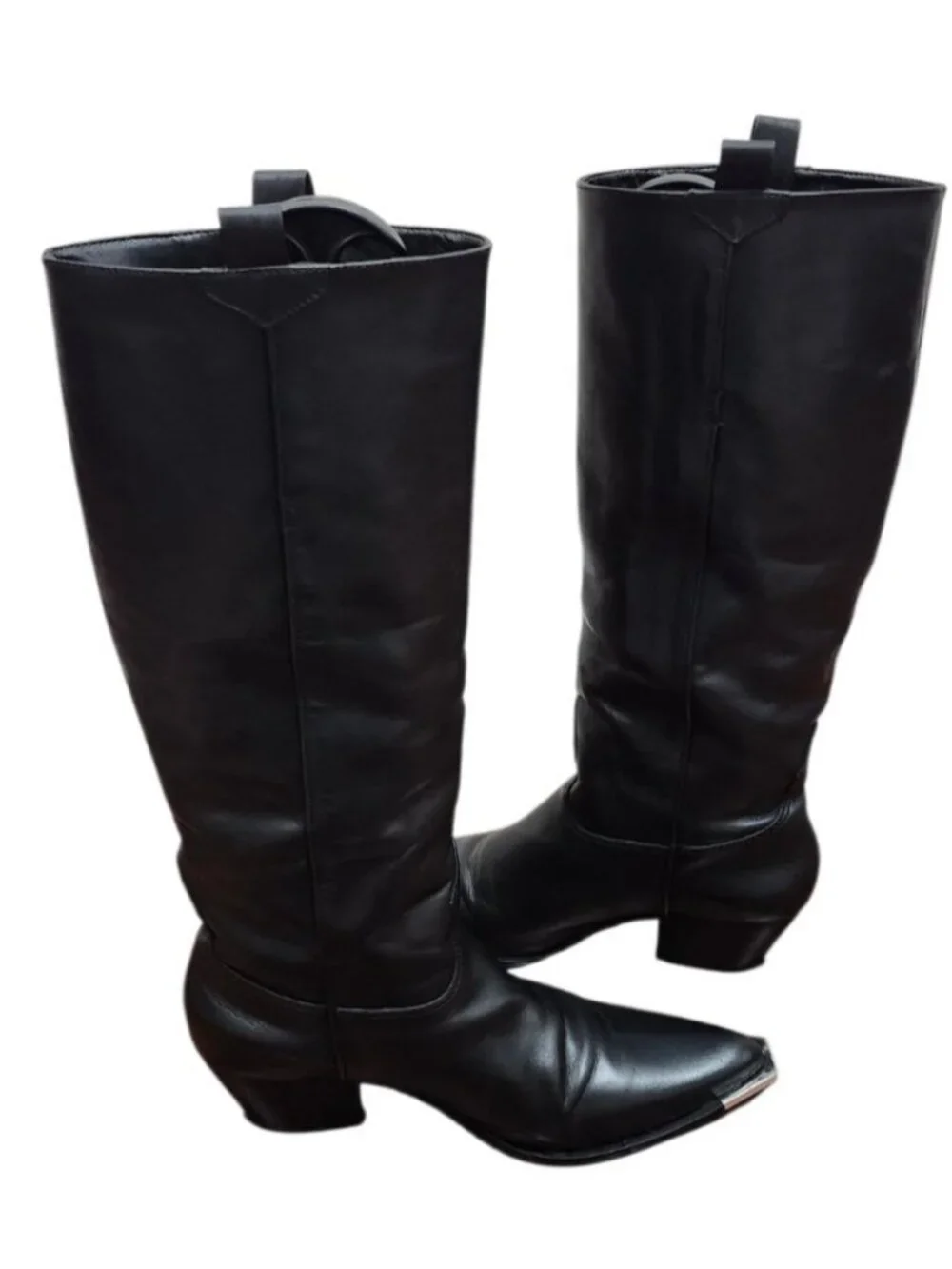 Schutz Black Leather Western Knee High Boots Silver Toe Cap Cowboy Riding 8.5B